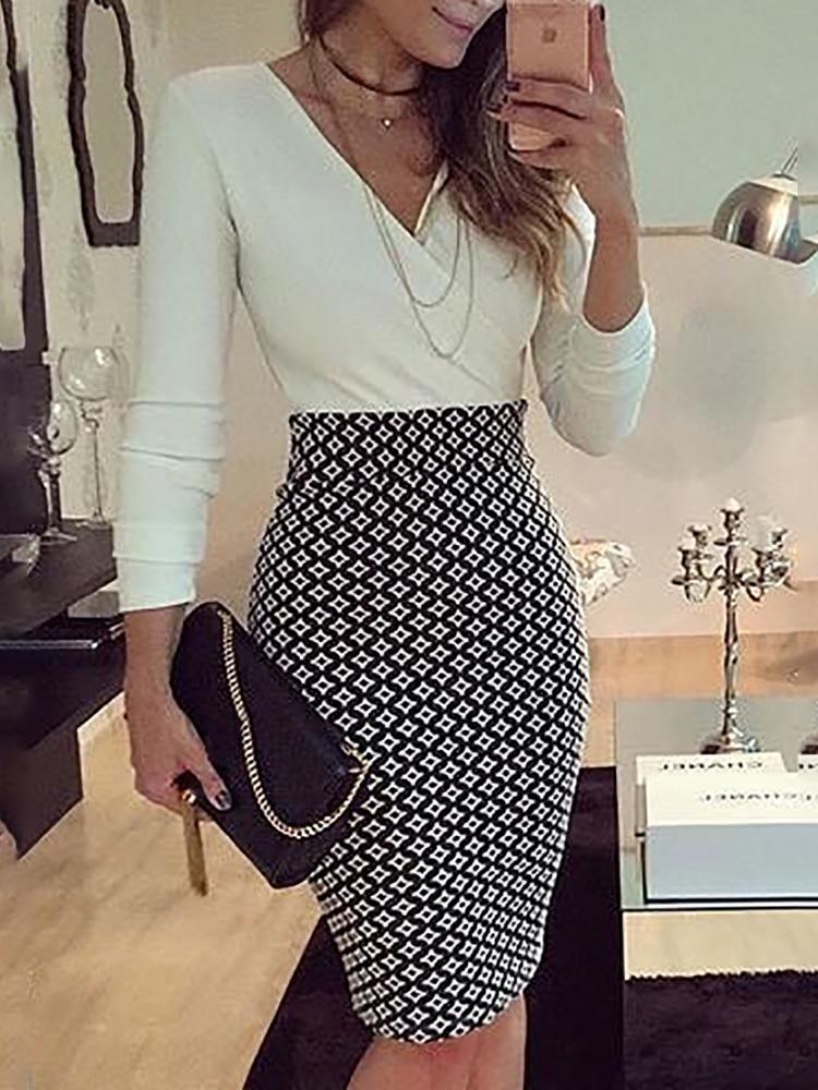 

V-Neck Wrap Geo Print Splicing Dress, White