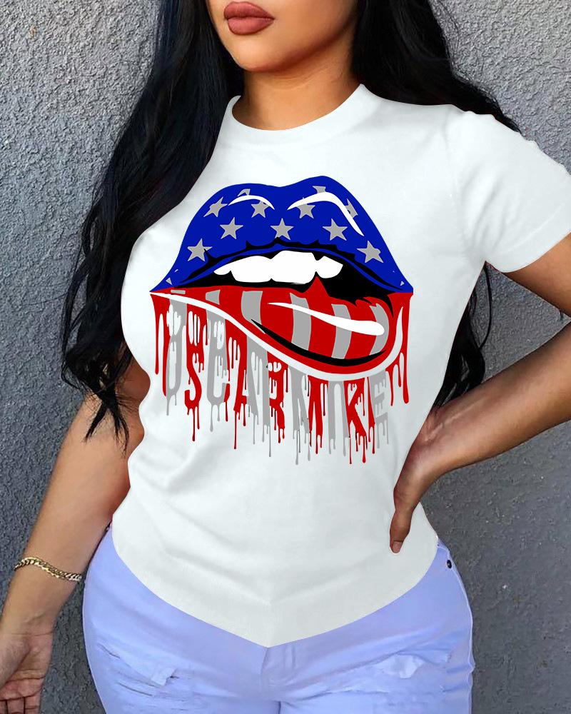 

Lip / Letter Print O Neck Short Sleeve T-Shirt, White