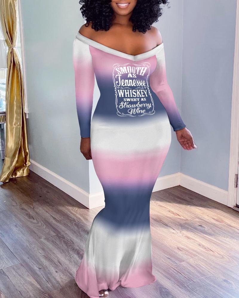 

Ombre Letter Print Off Shoulder Mermaid Dress, Multicolor