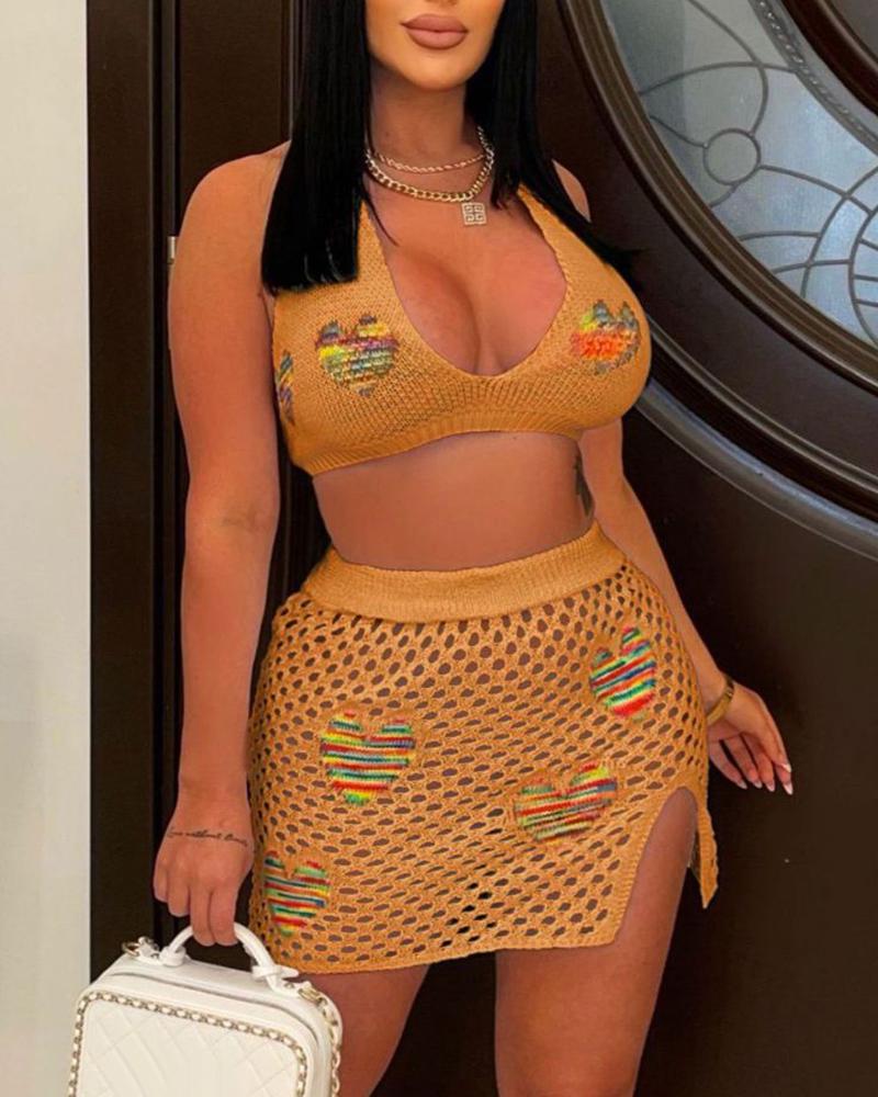 

Hollow Out Heart Pattern Bikini Top & Skirt Set, Dark khaki