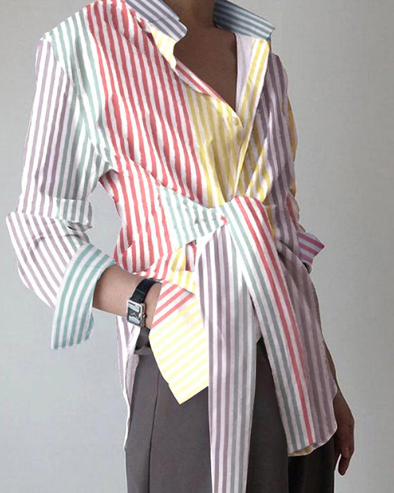 

Striped Colorblock Tied Detail Long Sleeve Top, Multicolor