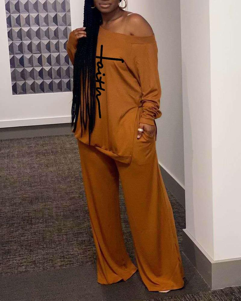 

Letter Print Split Hem Top & Wide Leg Pants Set, Orange