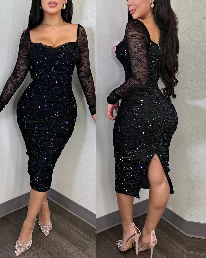 

Glitter Long Sleeve Bodycon Dress Back Slit Slim Fit Contrast Lace Dress, Black