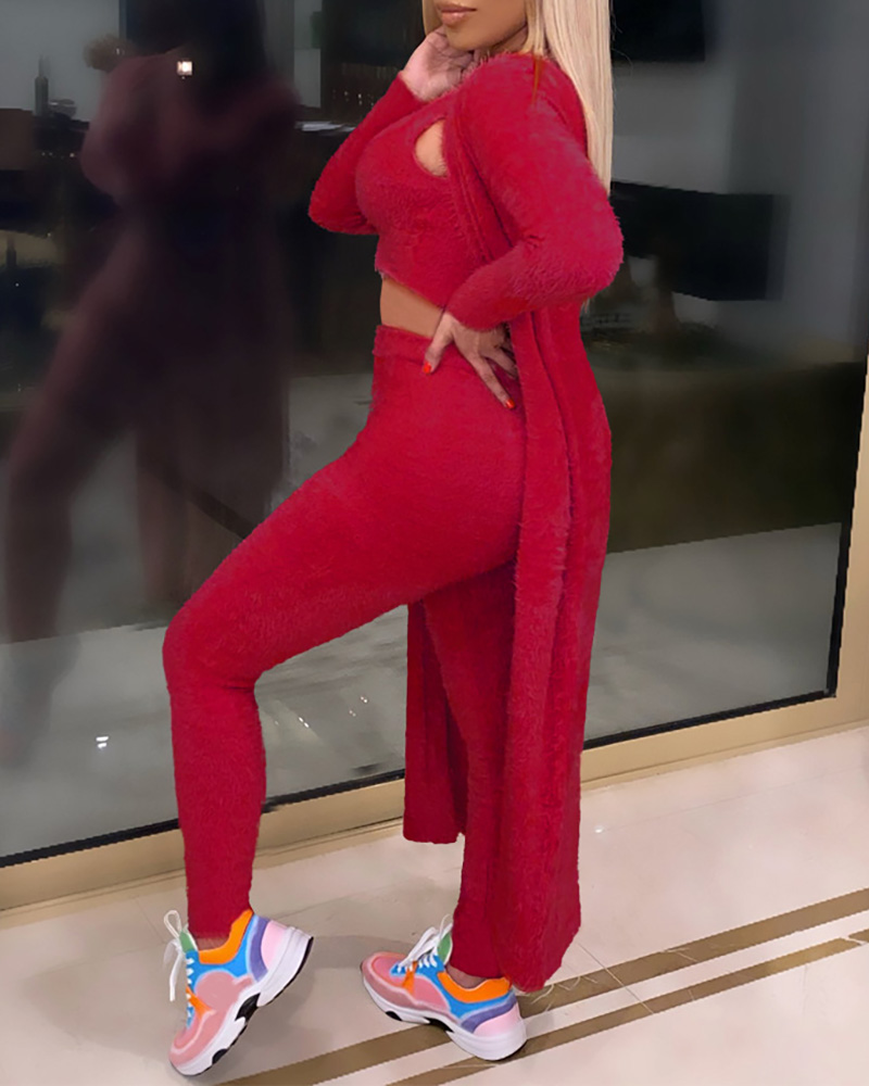 

Fluffy Plain Crop Top & Pants & Longline Coat Set, Red
