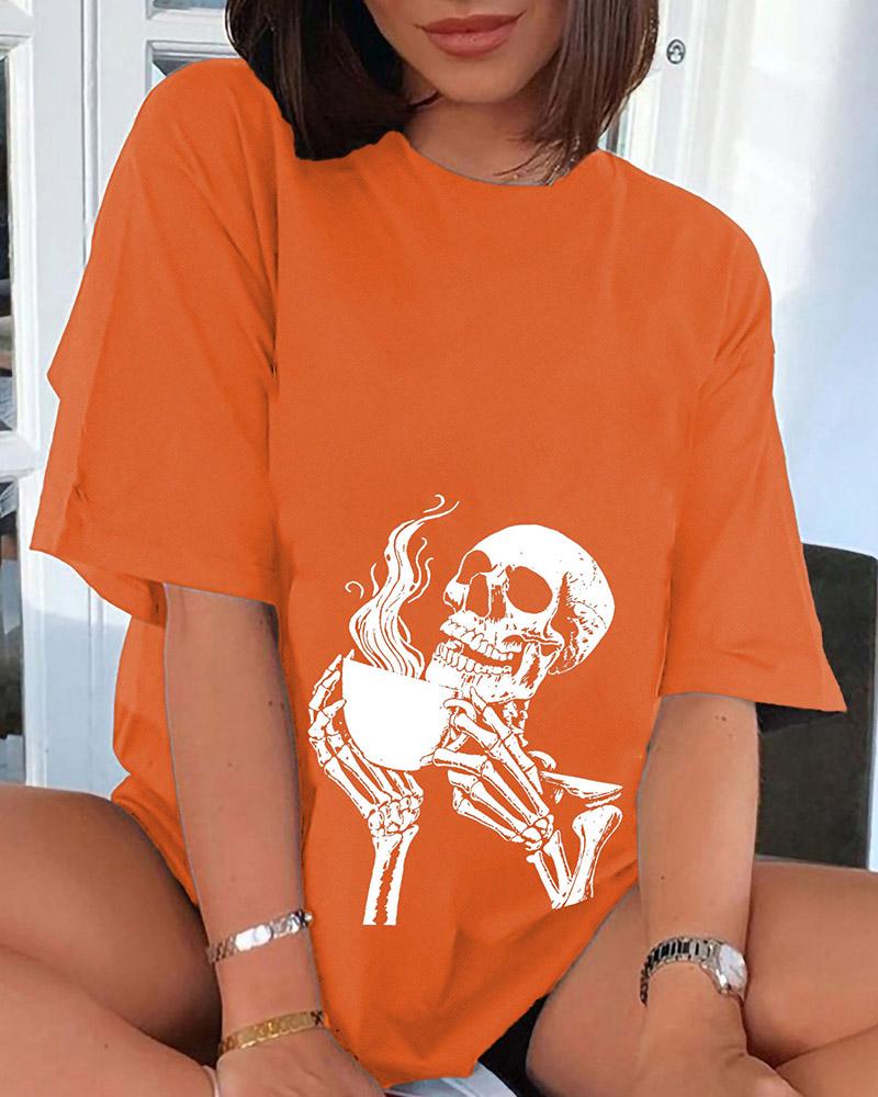 

Halloween Skeleton Print Casual T-shirt, Orange
