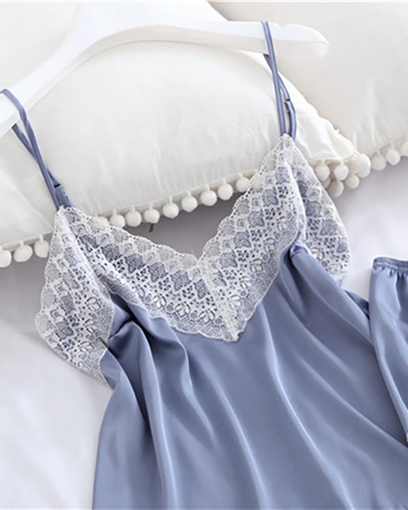 

Satin Crochet Lace Patch V Neck Cami Set, Sky blue