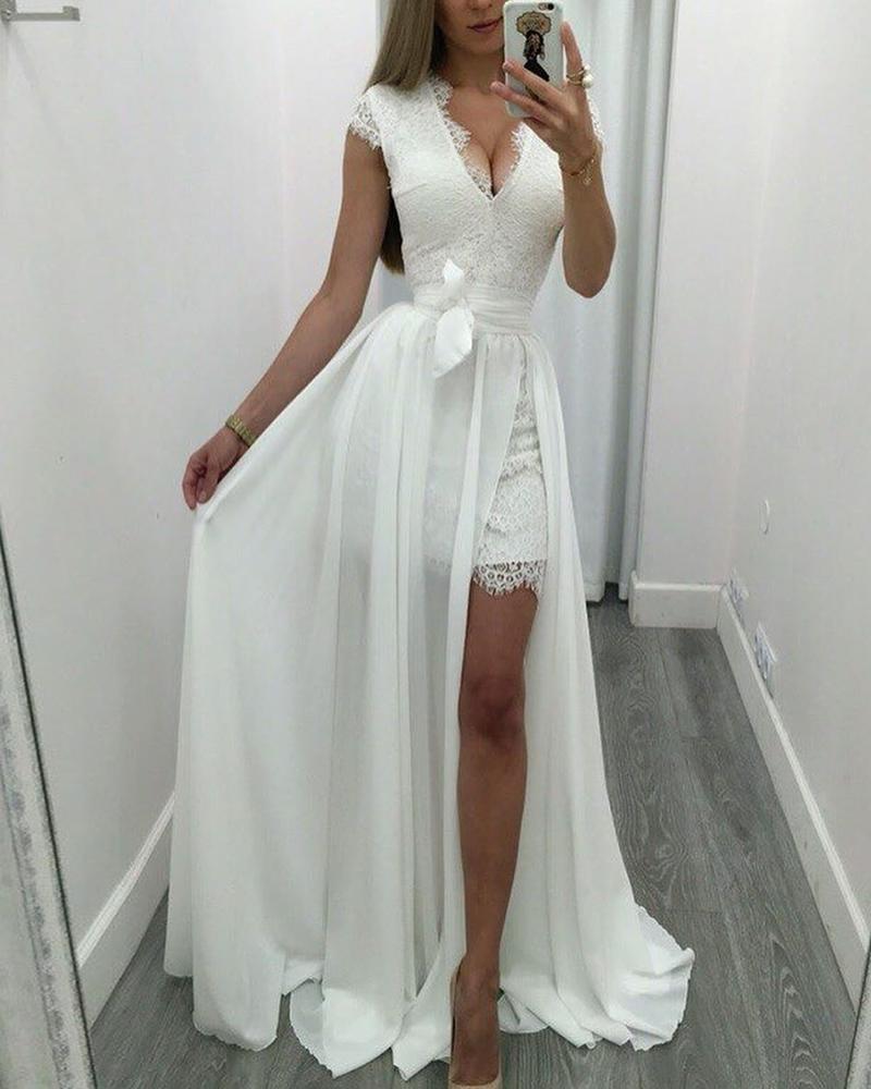 

Lace Bodycon Dress With Maxi Skirt Sets, White