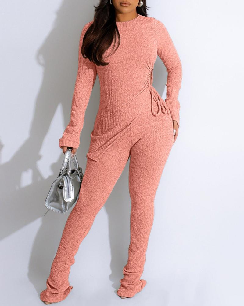

O-Neck Long Sleeve Drawstring Slit Top & Pants Set, Pink