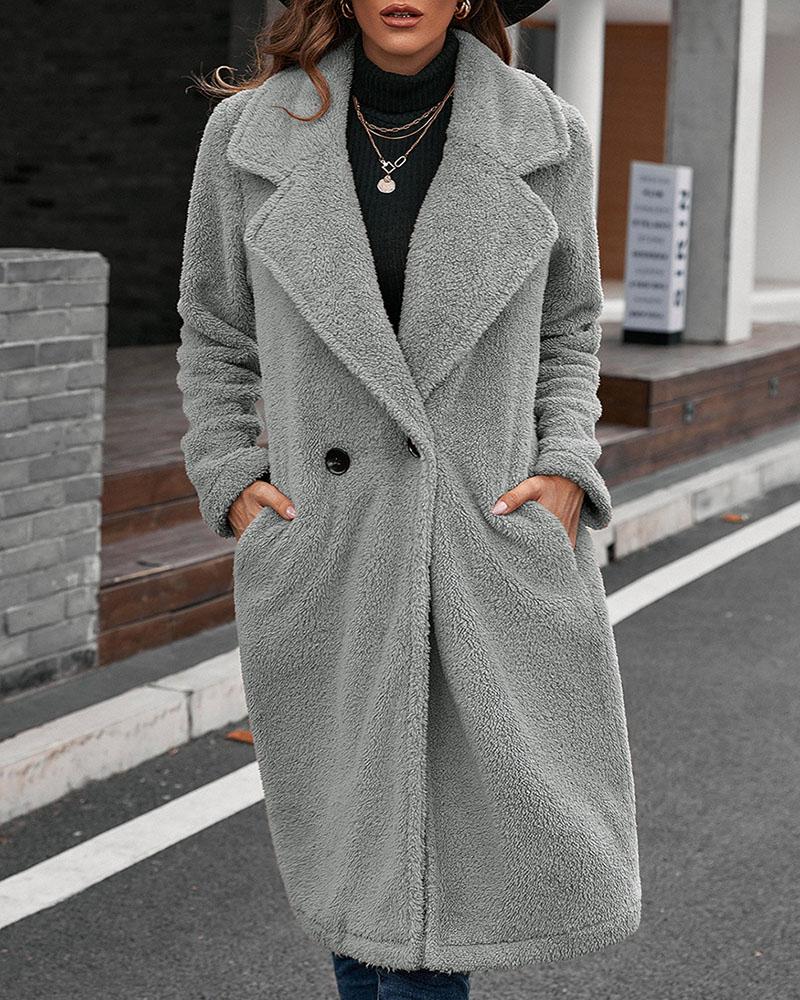 

Pocket Button Design Long Sleeve Teddy Coat, Gray