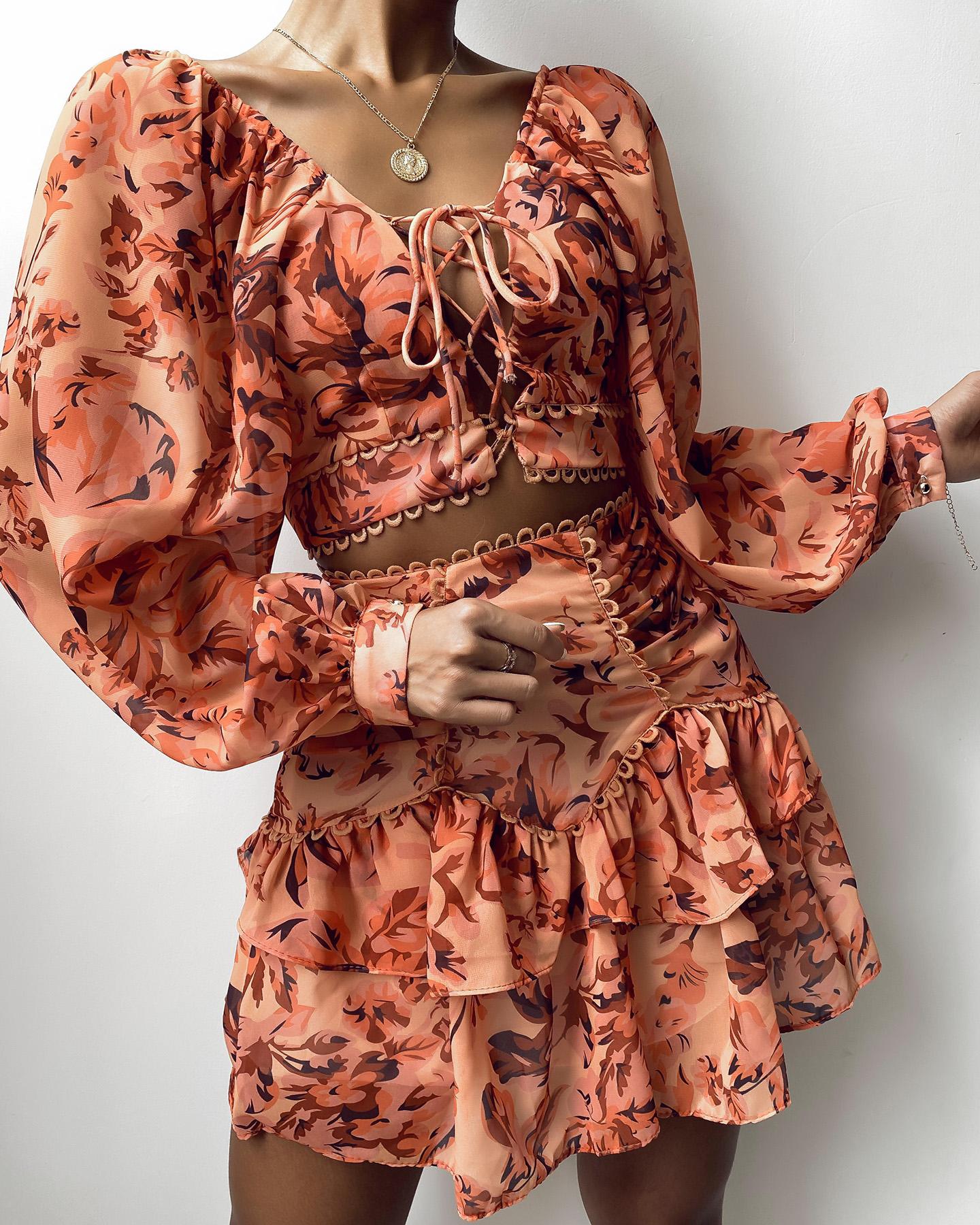 

Floral Print Backless Crisscross Lace Up Crop Top & Skirt Sets, Orange
