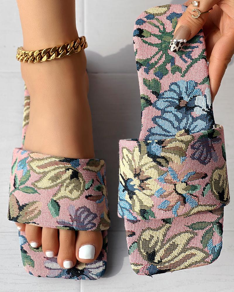 

Floral Random Print Square Toe Slippers, Pink