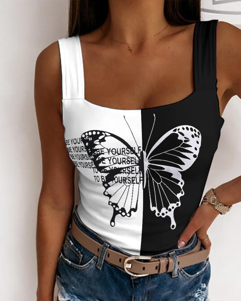 

Butterfly Letter Print Colorblock Tank Top, Blackwhite