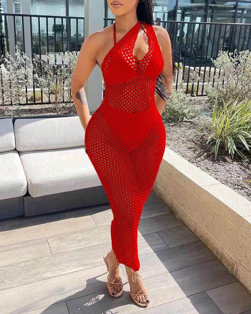 

Cutout One Shoulder Fishnet Cover Up Beach Dress, Red