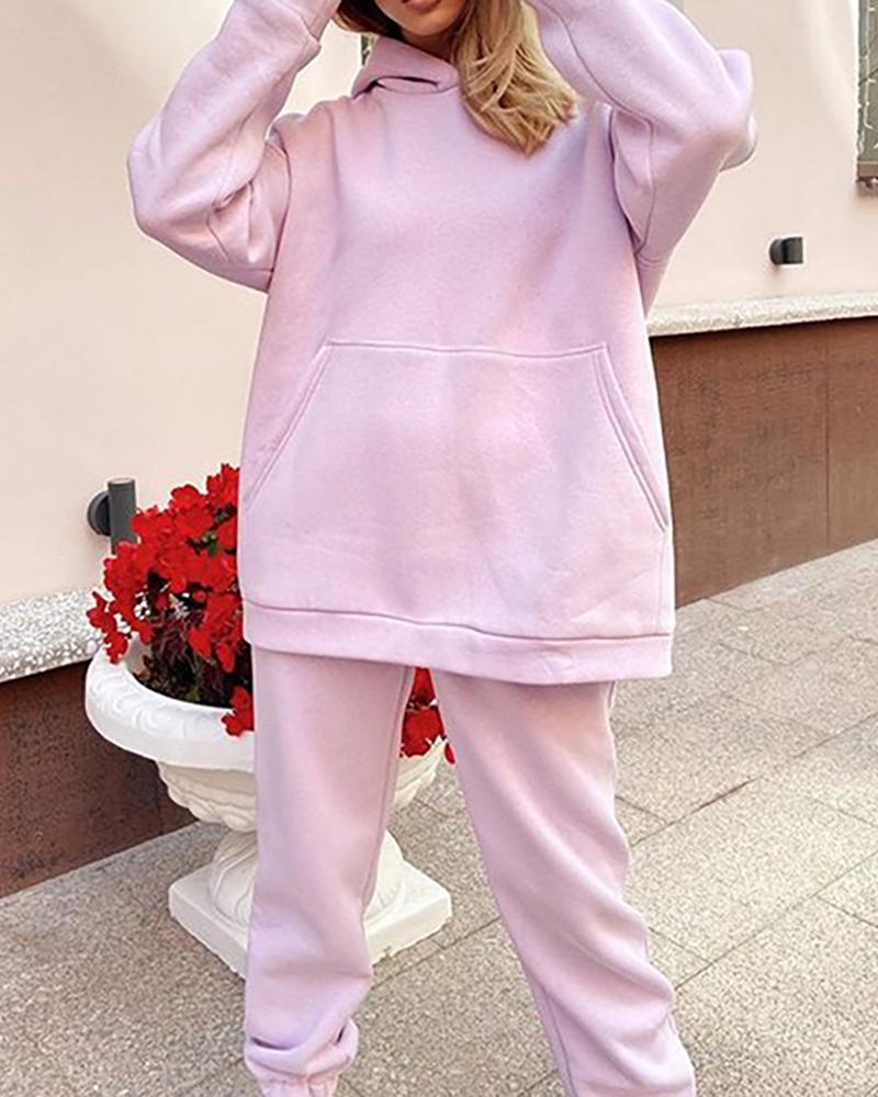 

Pocket Design Hooded Top & Pants Set, Pink
