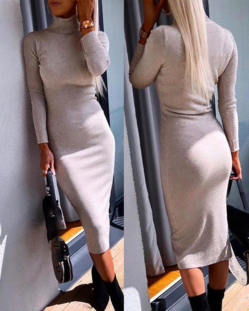 

High Neck Knit Long Sleeve Sweater Dress, Apricot