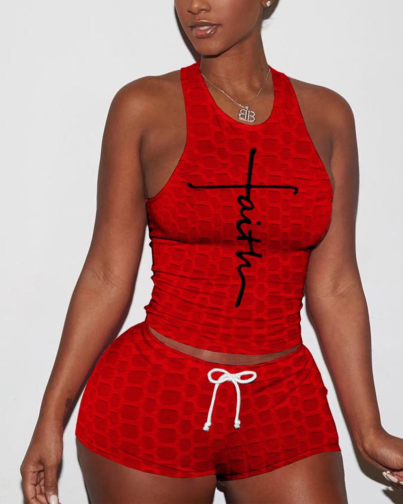 

Letter Print Textured Drawstring Active Set, Red