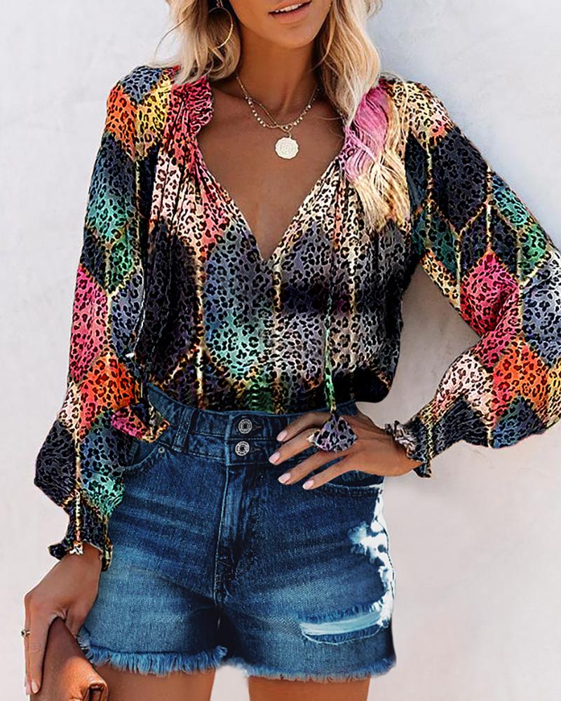 

Lantern Sleeve Cheetah Print Colorblock Top, Multicolor