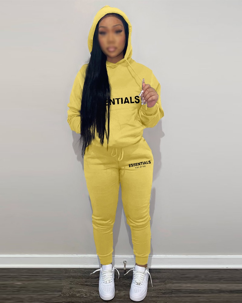 

Letter Print Long Sleeve Hoodie & Pants Set, Yellow