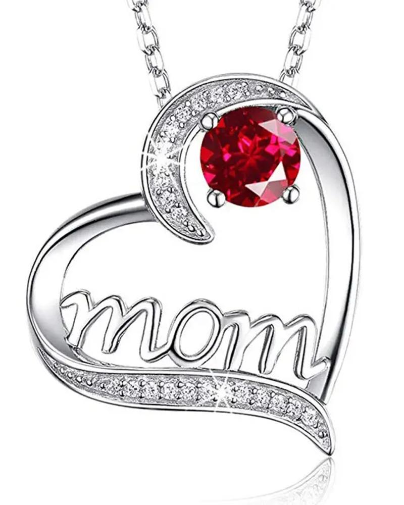 

1pc Mother's Day Fashion Charms Gift Hollow Out Heart Gemstone Letter Mom Pendant Necklace, Red