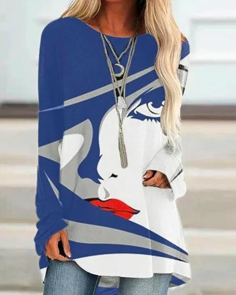 

Figure Print Batwing Sleeve Top, Blue