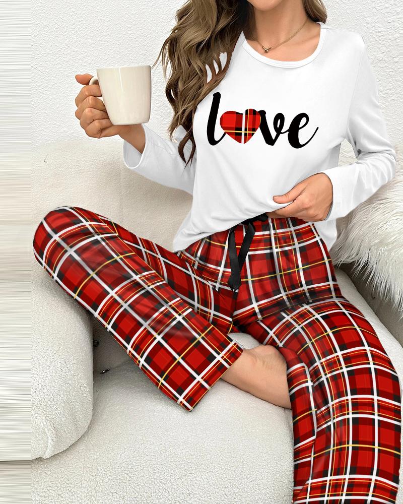 

Plaid Love Heart Print Drawstring Pajamas Set, Red