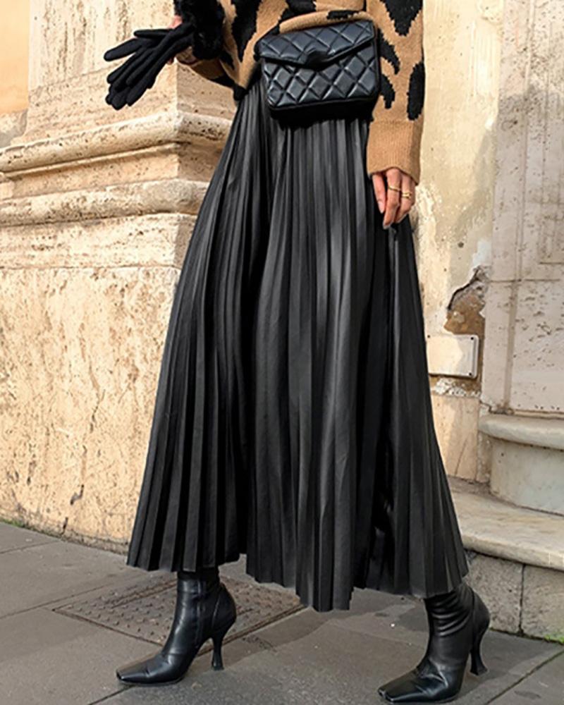 

High Waist PU Leather Pleated Skirt, Black