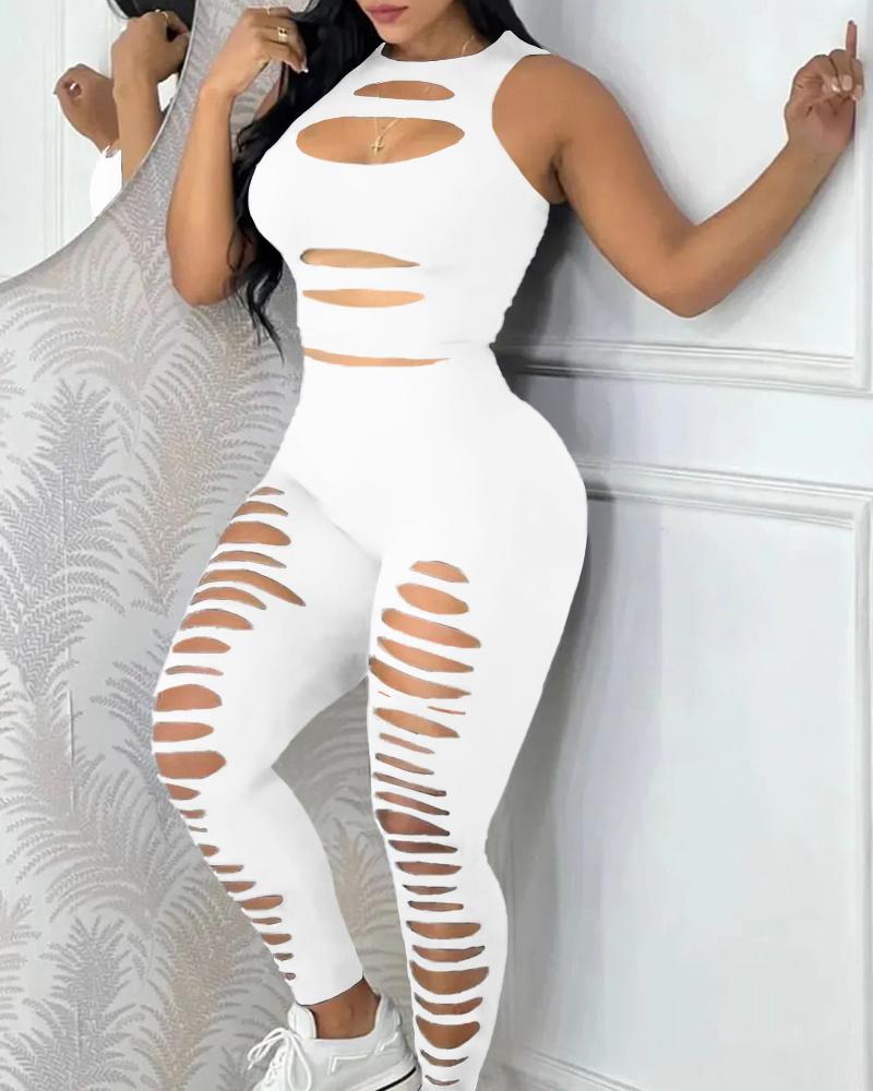 

Ladder Cutout Tank Top & High Waist Pants Set, White
