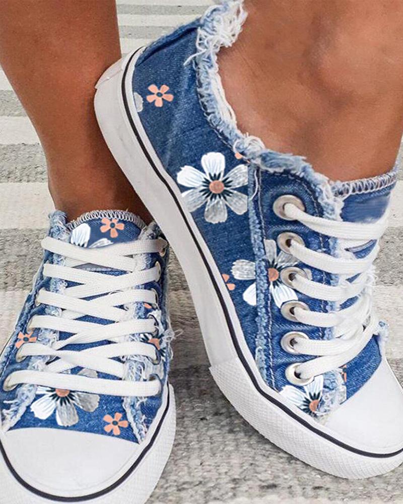 

Daisy Print Lace-up Fringe Hem Canvas Shoes, Sky blue