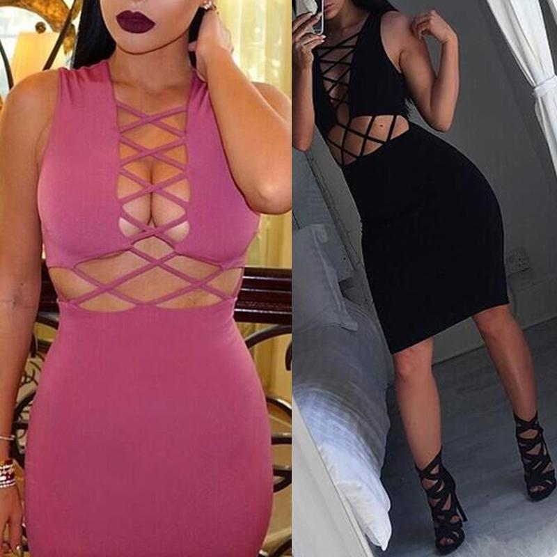 

Women Sexy Lace Up V Neck Sleeveless Slim Party Bodycon Dress, Black