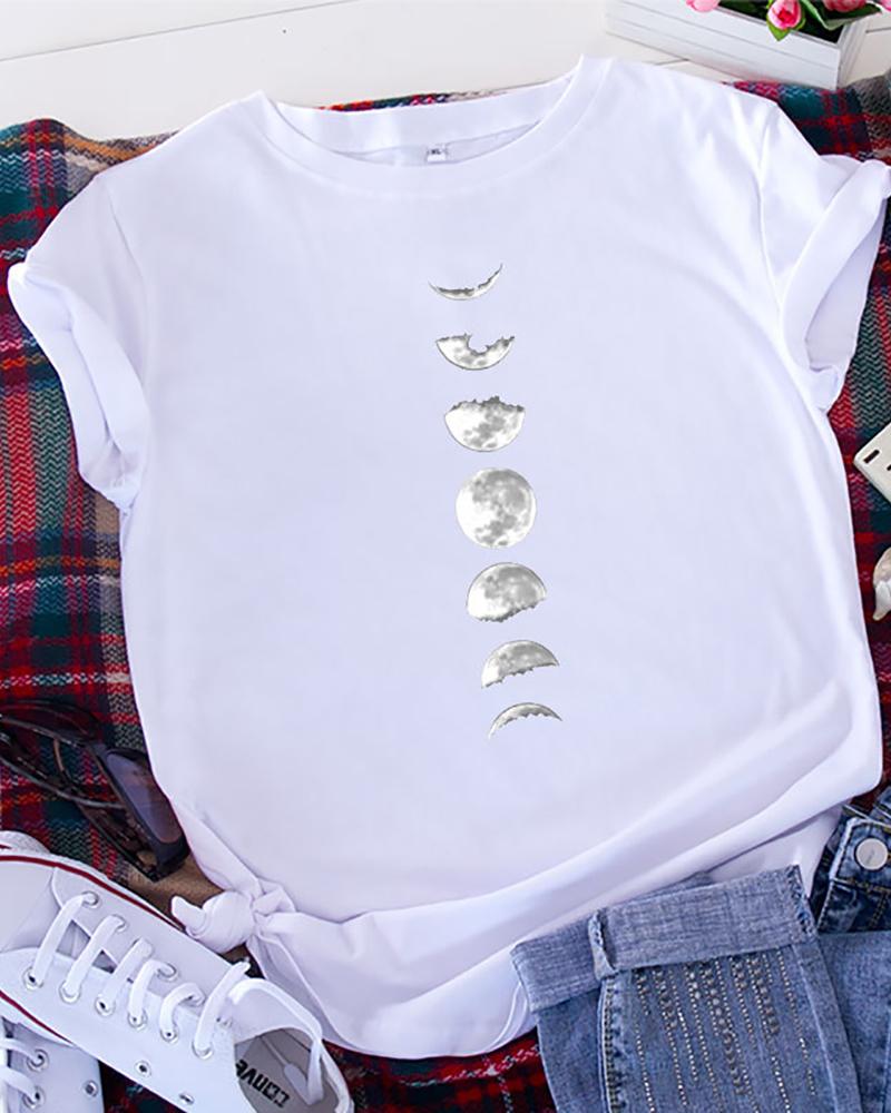 

Moon Print Short Sleeve Casual T-shirt, White