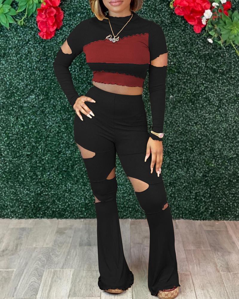 

Colorblock Frill Hem Cutout Crop Top & Flared Leg Pants Set, Black