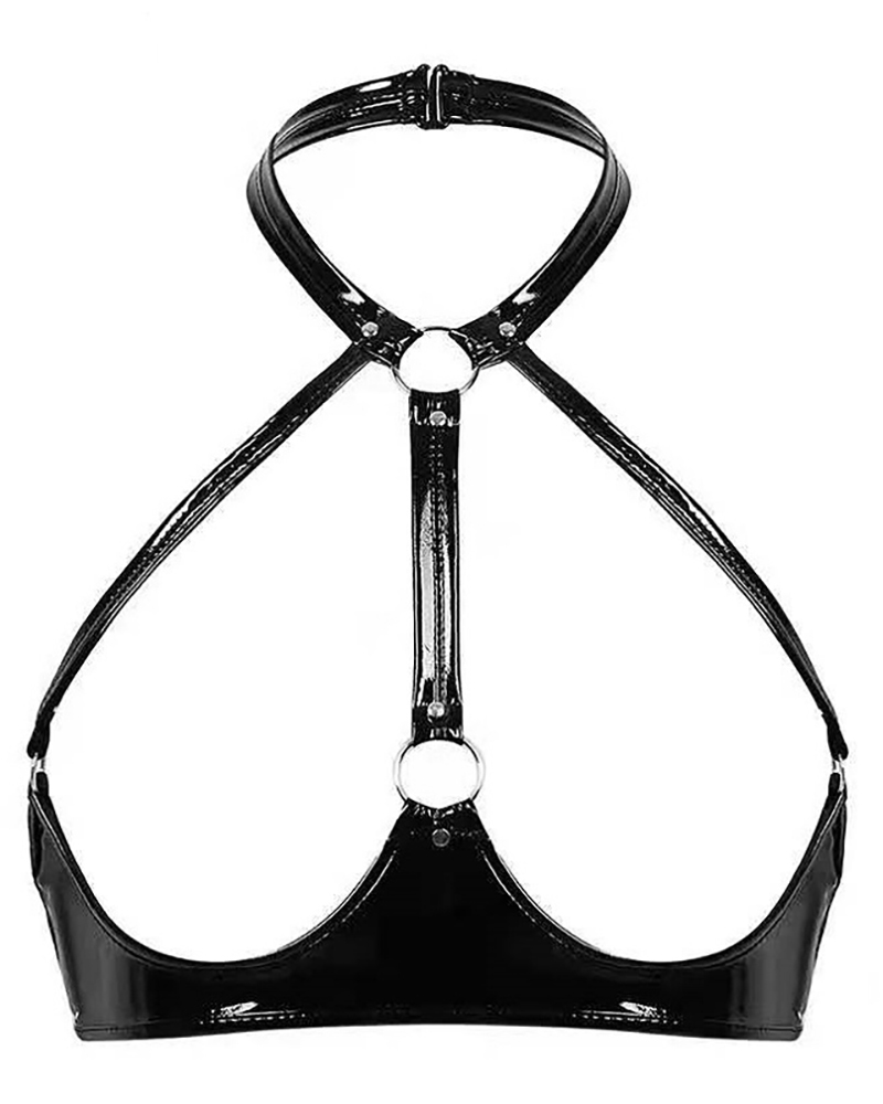

PU Leather Cutout Halter O-Ring Bralette, Black