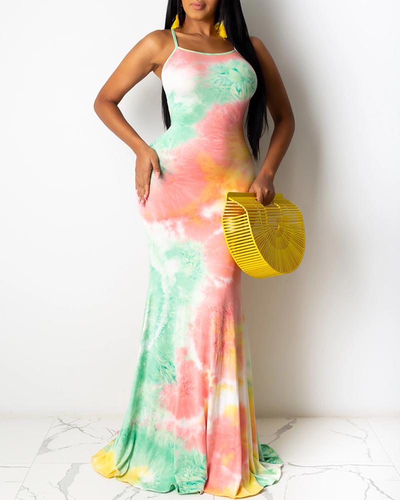 

Tie Dye Print Crisscross Backless Maxi Dress, Multicolor