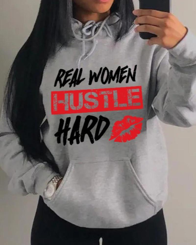 

Plus Size Valentine's Day Letter Lip Print Casual Hoodie, Gray