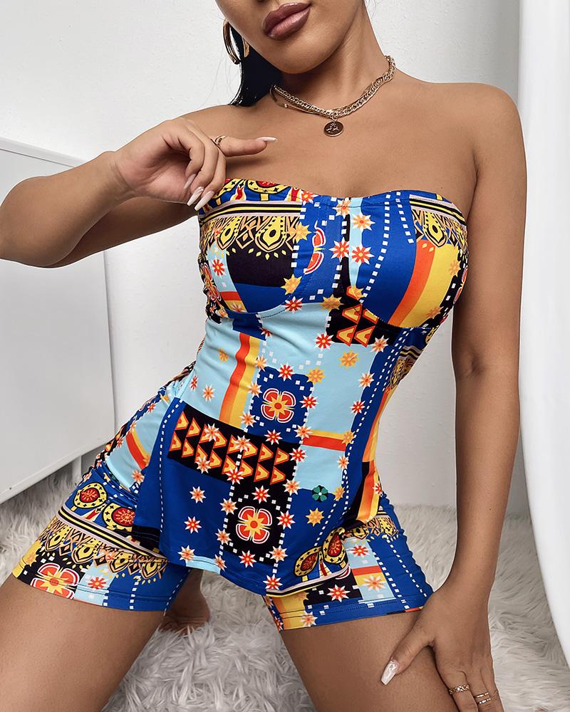 

Scarf Print Slit Hem Tube Top & Shorts Set, Multicolor