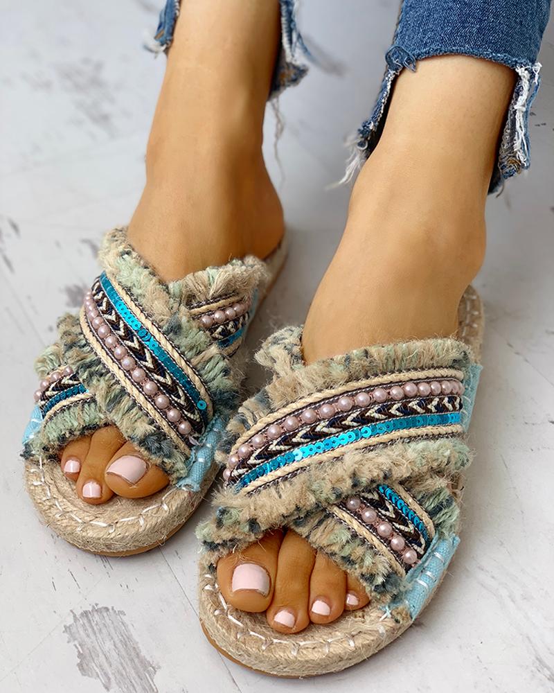 

Beaded Tassel Design Casual Sandals, Blue