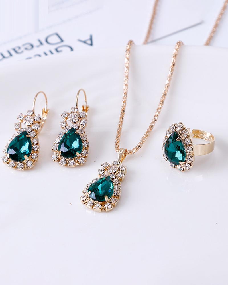 

3pcs Gem Stone Rhinestone Teardrop Pendant Necklace & Drop Earrings & Ring Jewelry Set, Green