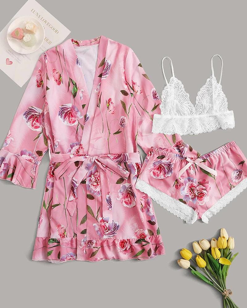 

3PCS Lace Trim Satin Sexy Sleepwear, Pink