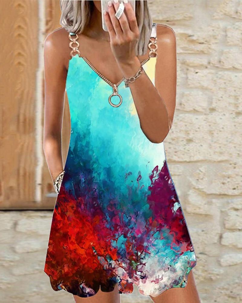

Tie Dye Print Chain Strap Zip Front Casual Dress, Multicolor