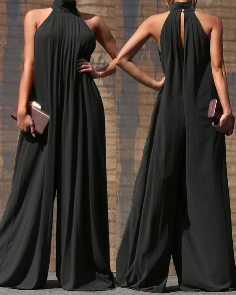 

High Neck Sleeveless Wide Leg Jumpsuit, Black