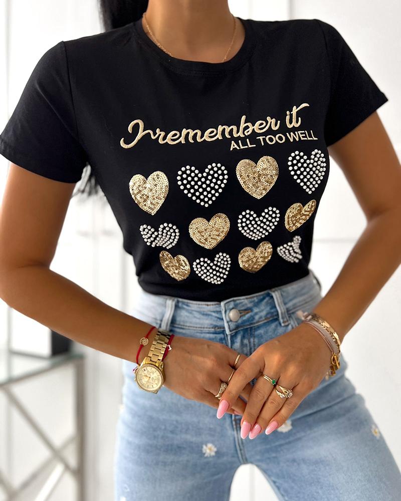 

Letter Heart Pattern Beaded Sequin Patch T-Shirt, Black