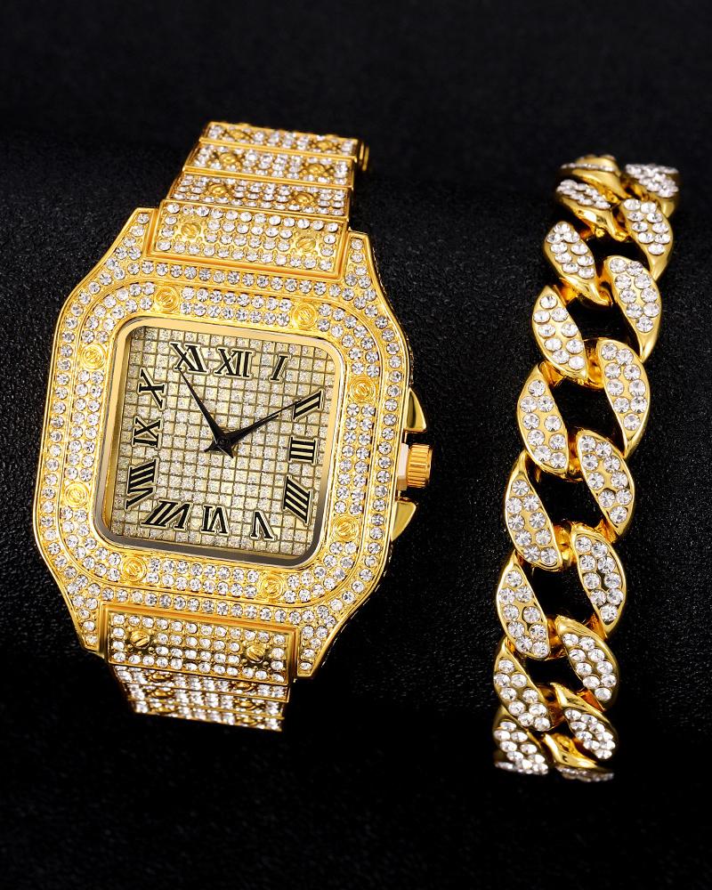

2pcs Rhinestone Square Quartz Watch & Chain Bracelet Set, Gold