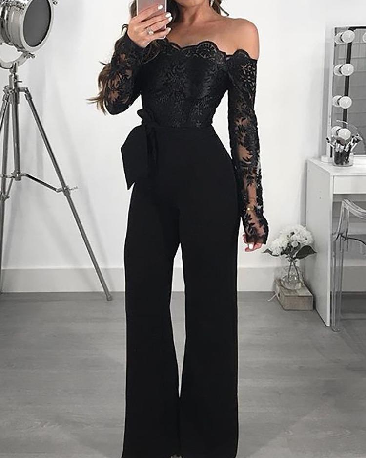 

Off Shoulder Guipure Lace Bodice Jumpsuit, Black