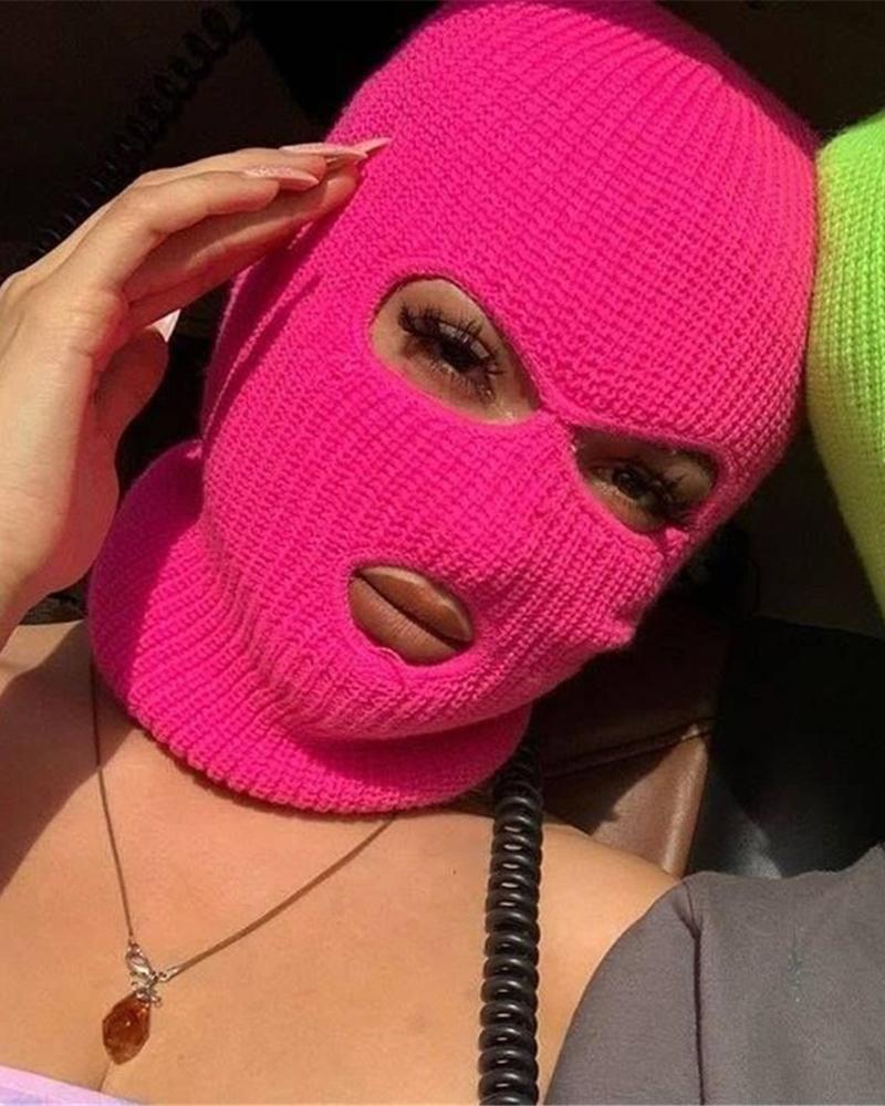 

3 Hole Warm Full Face Cap Knit Facekini, Hot pink