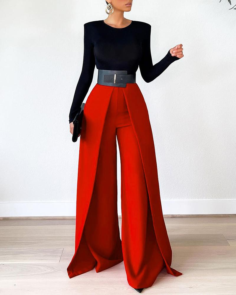 

High Waist Plain Flared Pants, Red