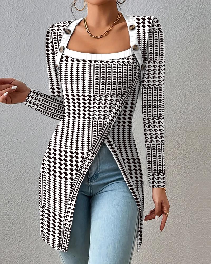 

Houndstooth Geometric Print Buttoned Slit Top, Blackwhite