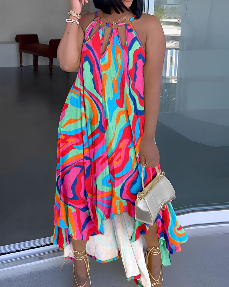

Plus Size Multi-Color Abstract Print O-Ring Decor Casual Dress, Multicolor
