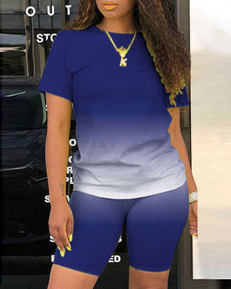 

Plus Size Ombre Casual Top & Shorts Set, Dark blue