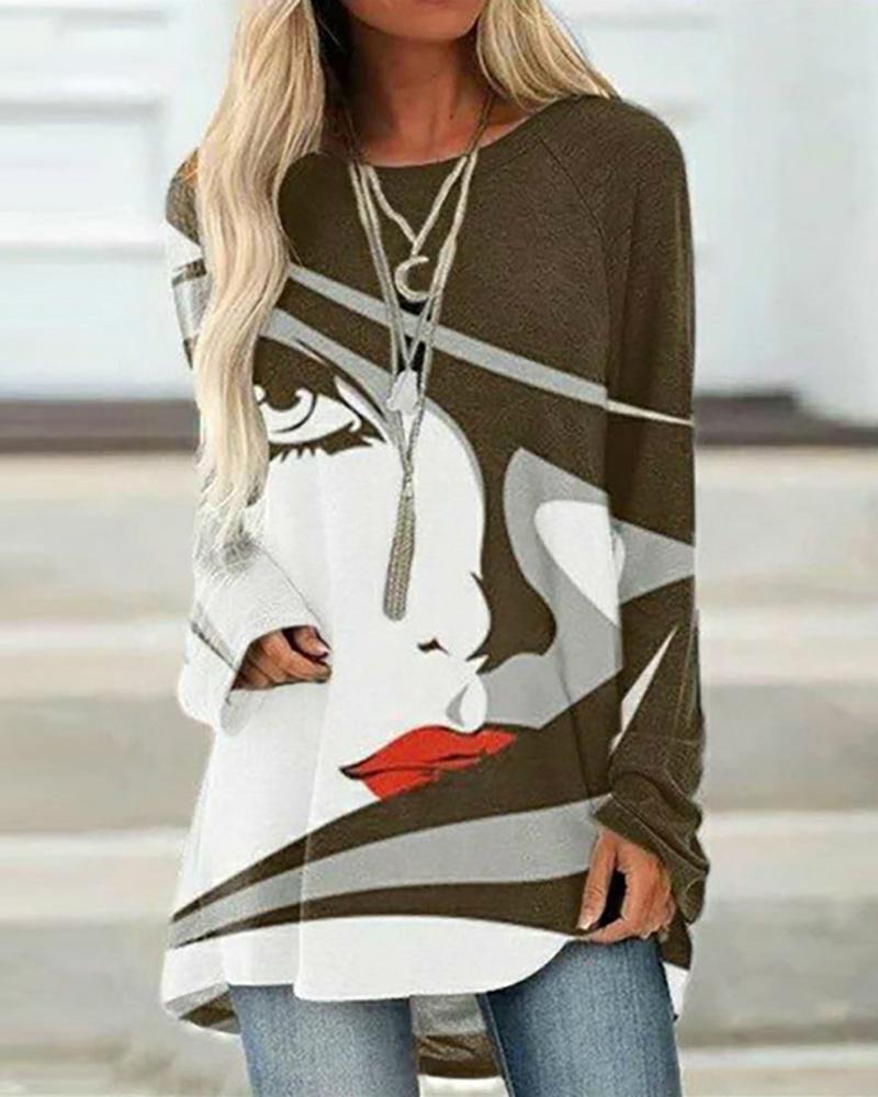 

Figure Print Batwing Sleeve Top, Green