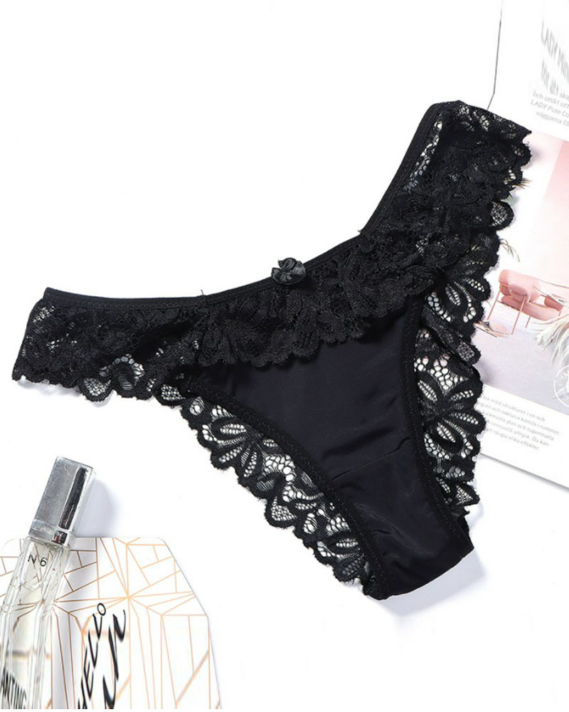 

Breathable Bowknot Decor Floral Lace Panty, Black